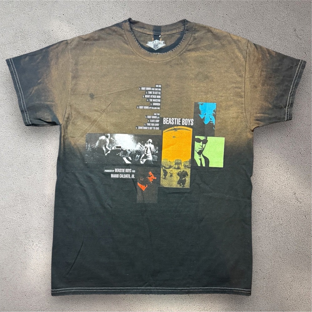 Beastie Boys Root Down Graphic T-Shirt Mens Medium Black Bleach Wash Ombre Band